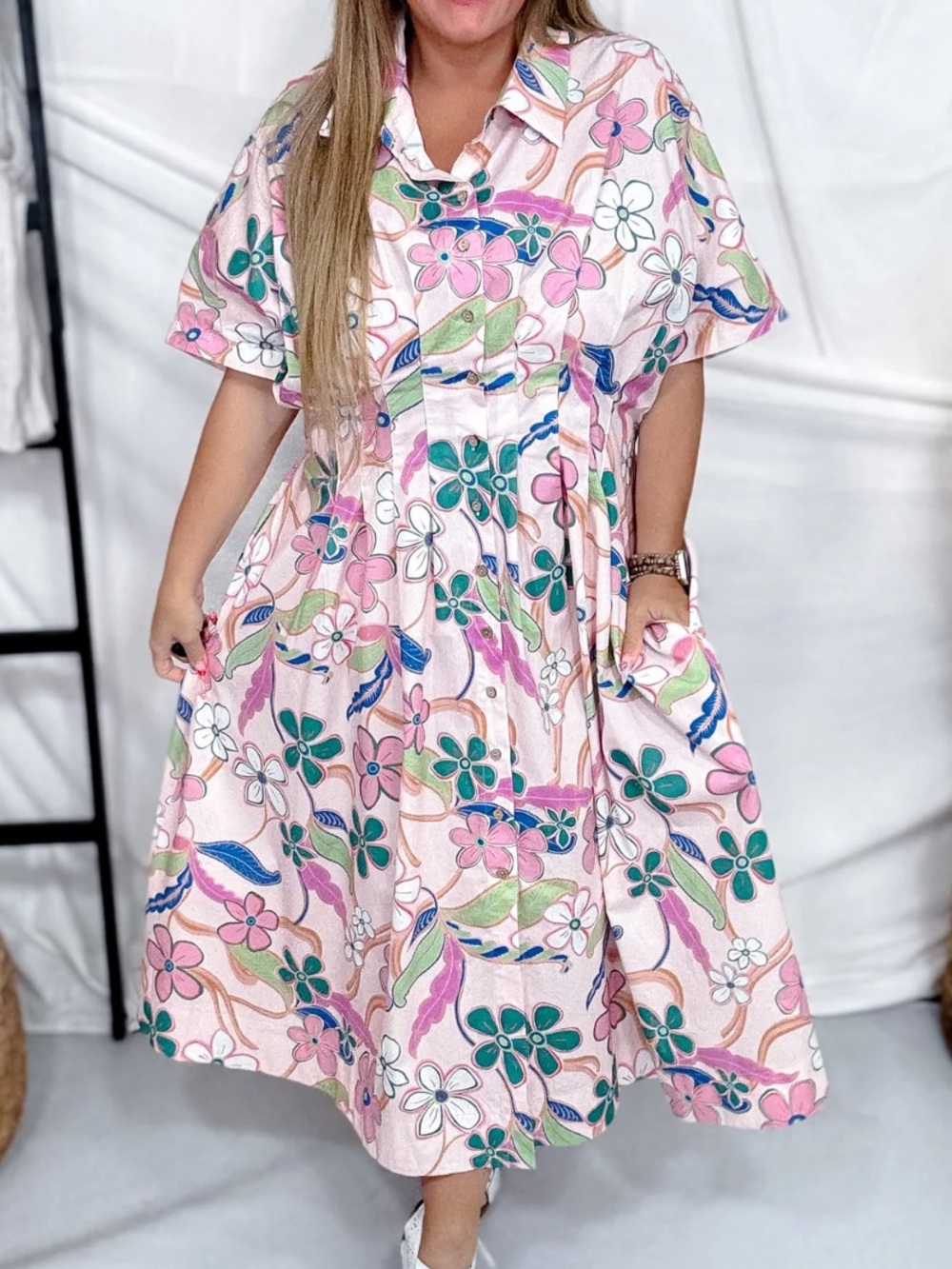 New Pink Boho Floral Retro Style Collared Midi Dress